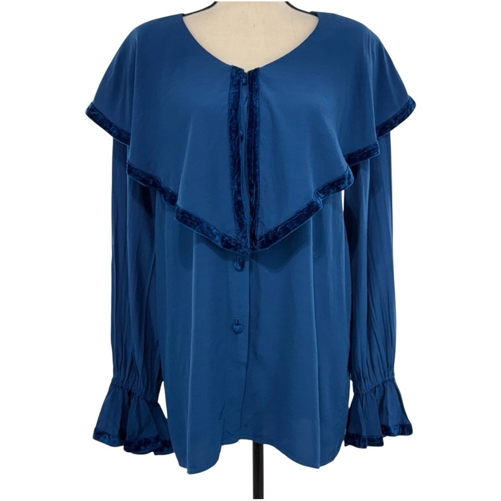 Hairston Roberson Ropa Blue Rayon Blouse Velvet Trim Ruffle Sleeve Women’s Large - Picture 10 of 10